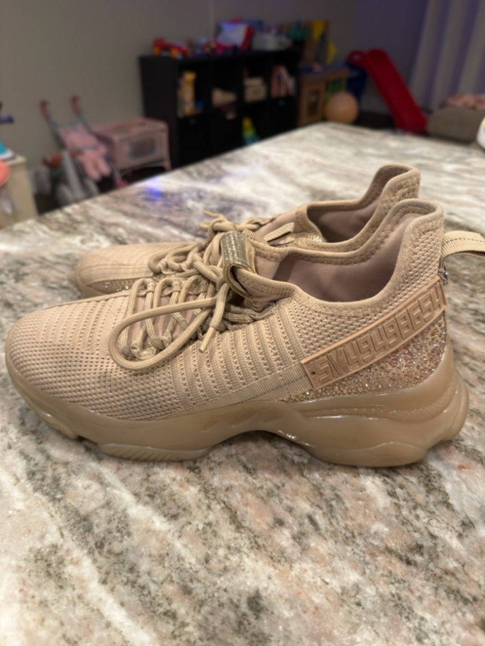 Steve Madden Beige Knit Platform Sneakers with Glitter Heel